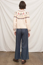 En Creme Horse Motif Cable Knit Cardigan in Beige, back view