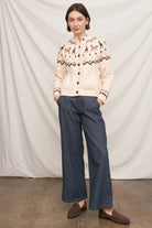 En Creme Horse Motif Cable Knit Cardigan in Beige, full-length front view