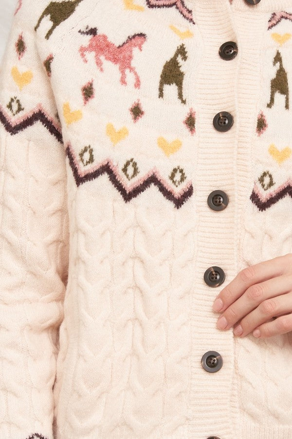 En Creme Horse Motif Cable Knit Cardigan in Beige, close-up detail of pony Fair Isle pattern