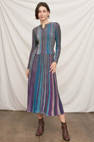 En Creme Multicolor Striped Knit Midi Skirt in Black, front view