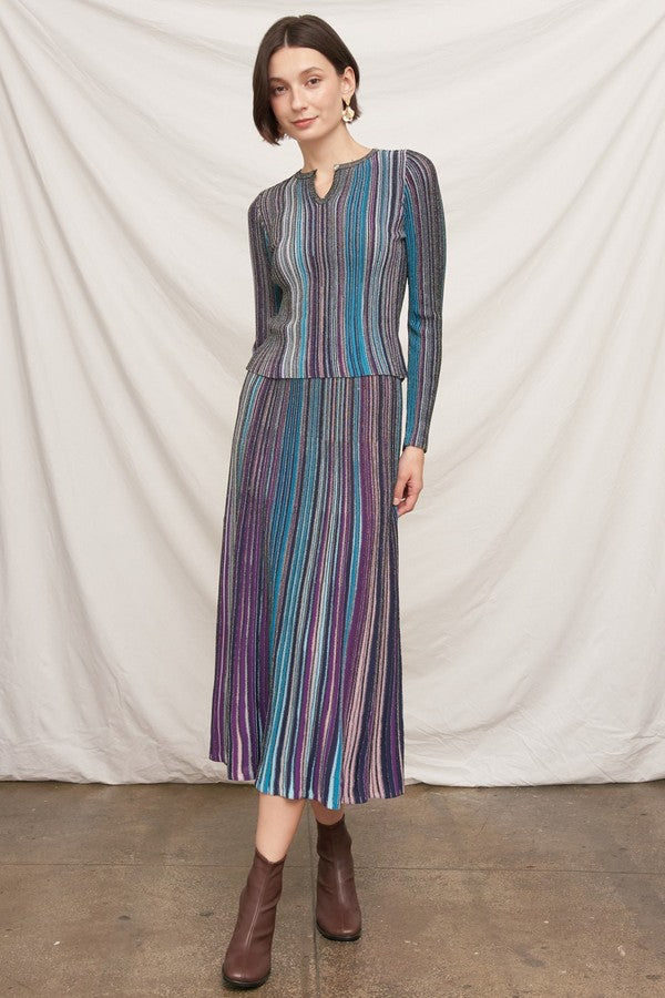 En Creme Multicolor Striped Knit Midi Skirt in Black, full-length front view