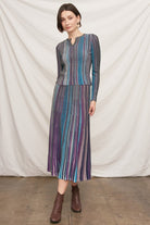 En Creme Multicolor Striped Knit Midi Skirt in Black, full-length front view