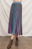 En Creme Multicolor Striped Knit Midi Skirt in Black, front view of skirt