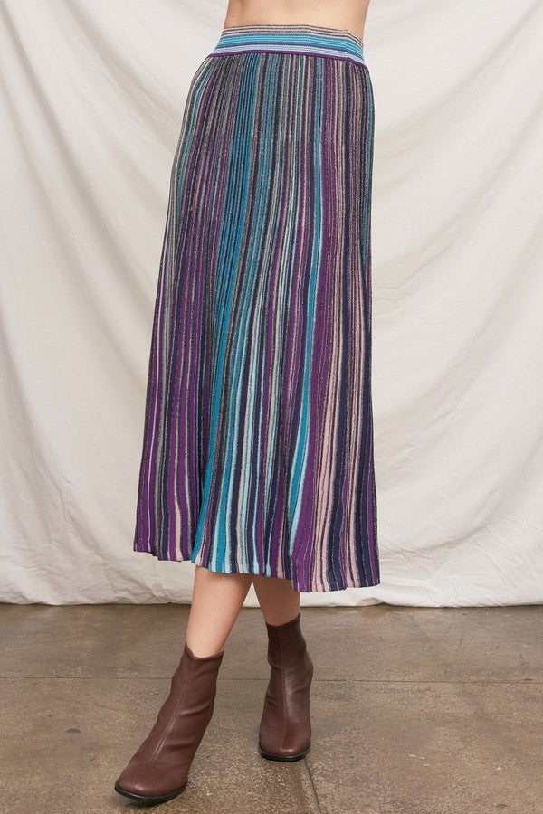 En Creme Multicolor Striped Knit Midi Skirt in Black, front view of skirt