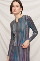 En Creme Multicolor Striped Knit Top in Black, close-up front view