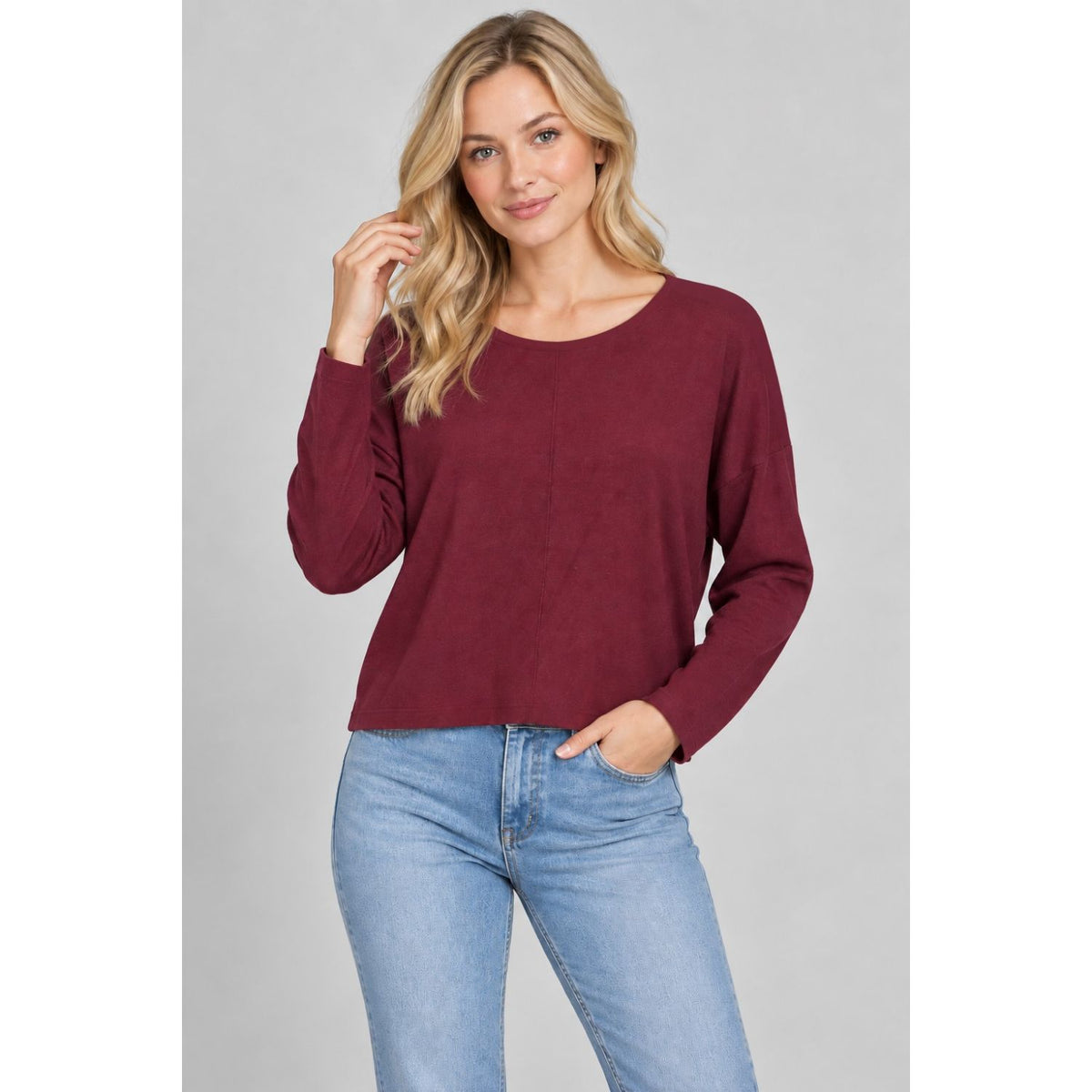 Basic Round Neck Pullover with a fitted silhouette, lightweight knit, classic round neckline, and clean front seam detailing.