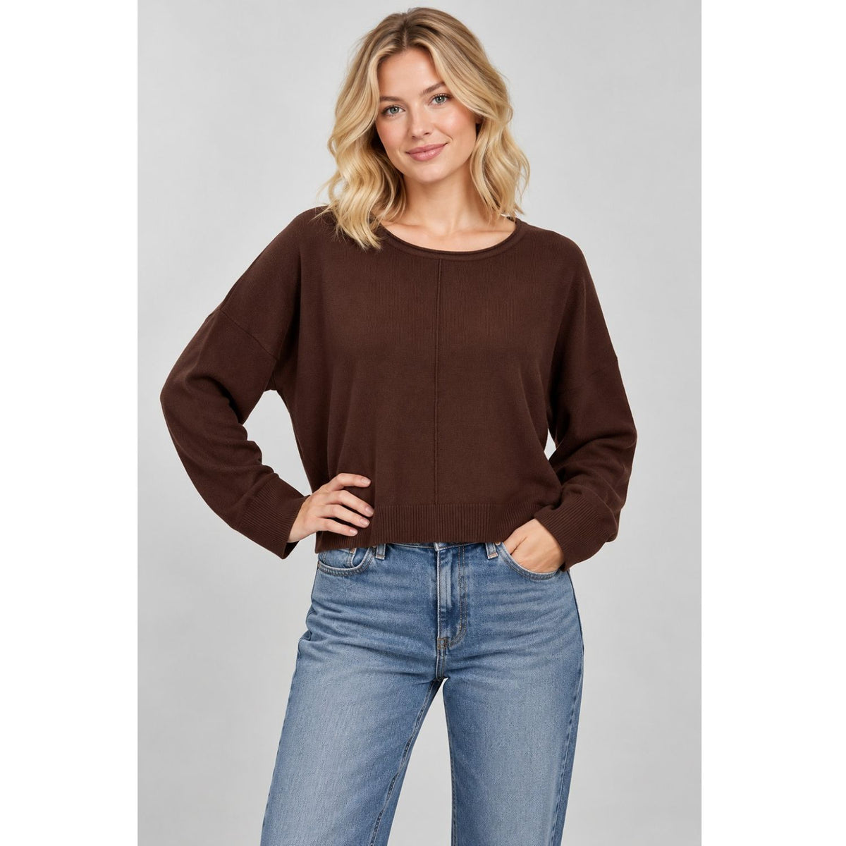 Basic Round Neck Pullover with a fitted silhouette, lightweight knit, classic round neckline, and clean front seam detailing.