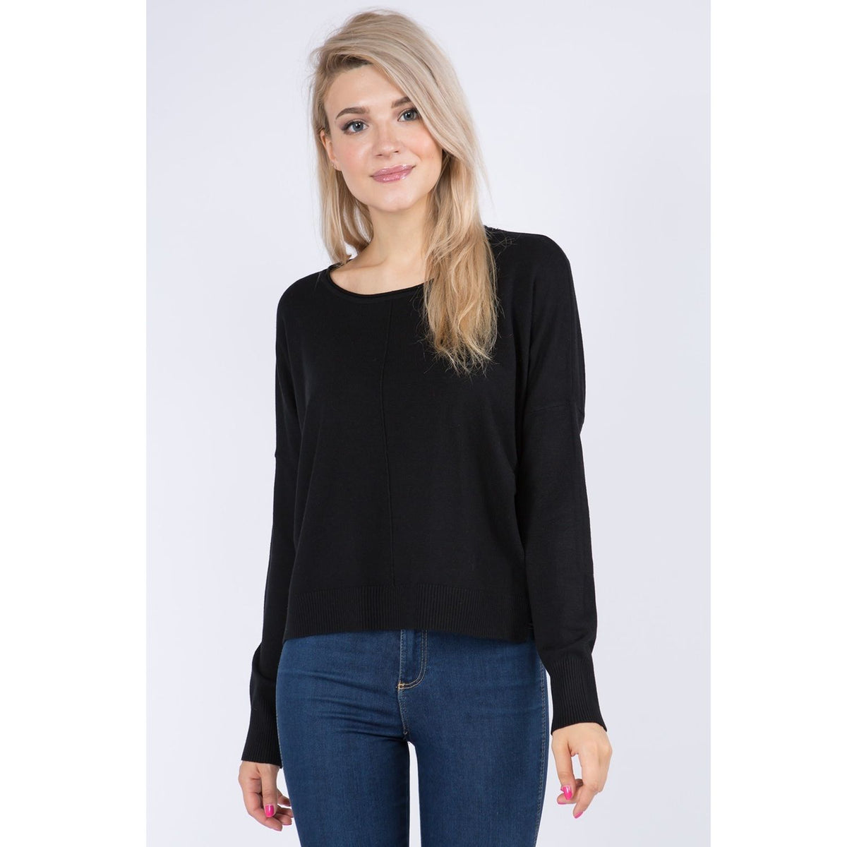 Basic Round Neck Pullover with a fitted silhouette, lightweight knit, classic round neckline, and clean front seam detailing.