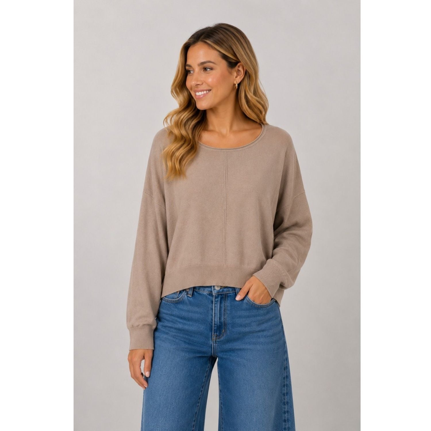 Basic Round Neck Pullover with a fitted silhouette, lightweight knit, classic round neckline, and clean front seam detailing.