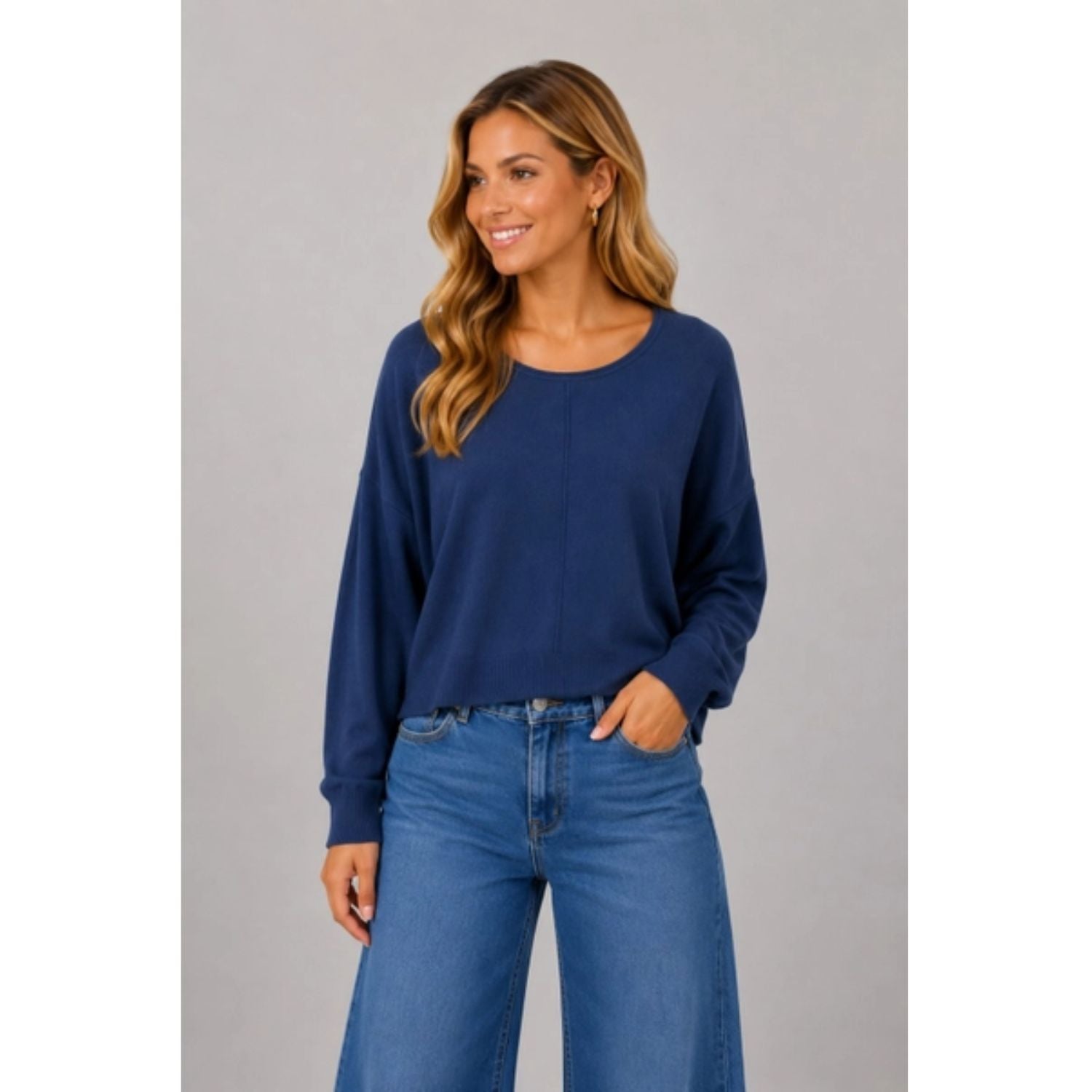 Basic Round Neck Pullover with a fitted silhouette, lightweight knit, classic round neckline, and clean front seam detailing.