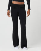 foldover yoga pants, black flare yoga pants, women’s foldover leggings, stretchy black pants, lounge flare pants, soft yoga pants, high waist foldover pants, black flare activewear, comfy yoga bottoms, everyday stretch pants, women’s flared leggings, foldover waistband pants