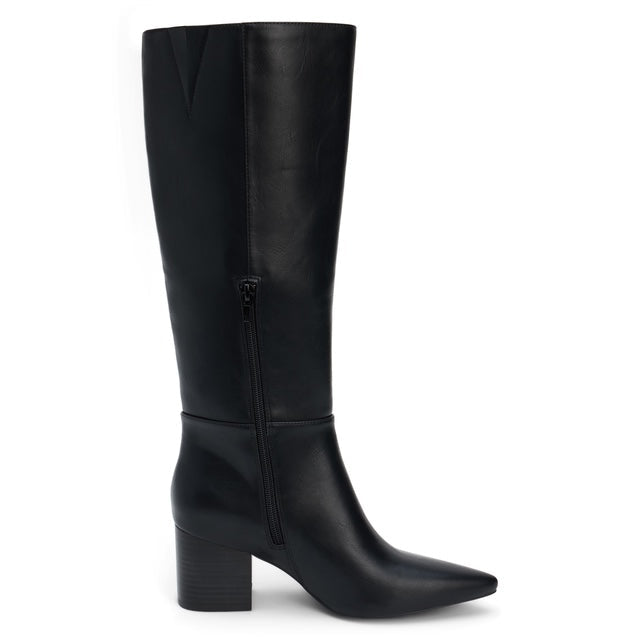black knee-high boots, block heel tall boots, pointed toe leather boots, women’s fall boots, sleek black high boots, versatile tall faux leather boot