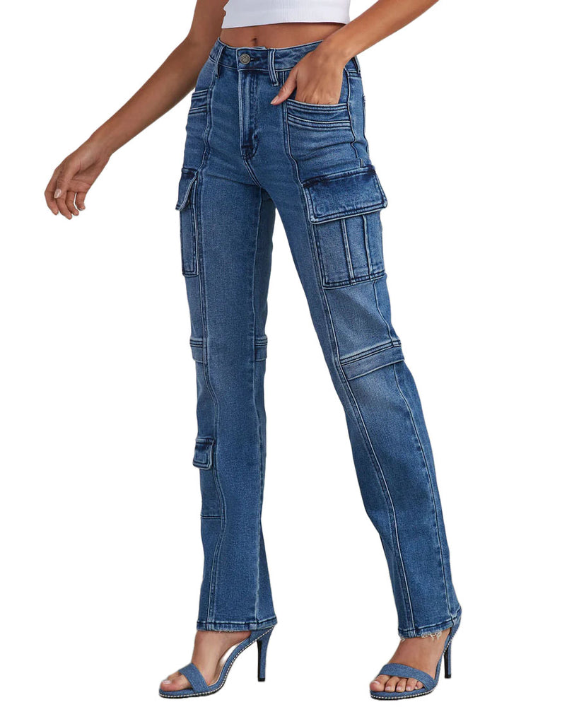Hidden Cargo Stretch Straight Medium Dark Blue. These trendy cargo style jeans feature a straight leg cut in a stretchy design perfect for all day wear with your fav graphic tee for a casual cool look.
