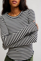 Free People Easy Does It Stripe Tee in White Black, detail of the stripes and sleeve