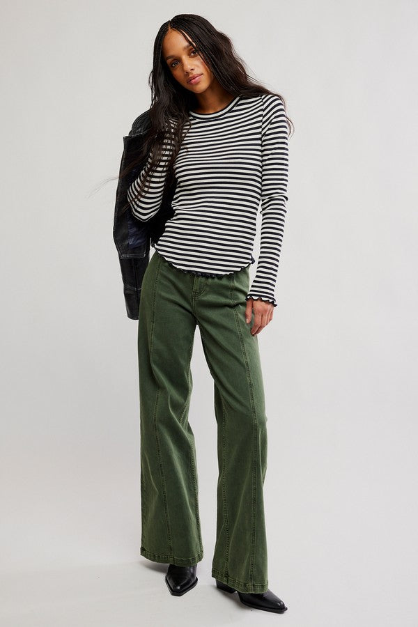 Free People Easy Does It Stripe Tee in White Black, full-length view styled with green pants