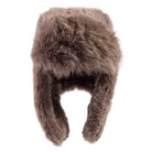 Plush winter trapper hat with long side flaps and clip fasteners.