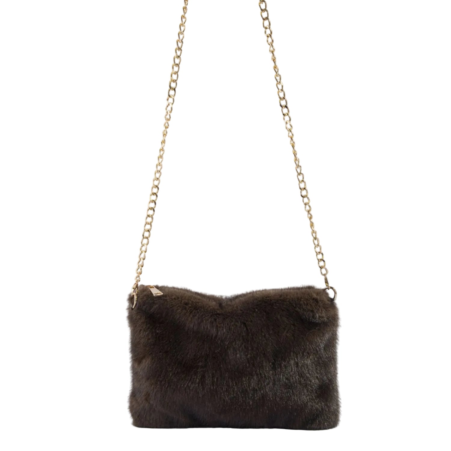 Brushed pile envelope crossbody bag with polished curb chain strap