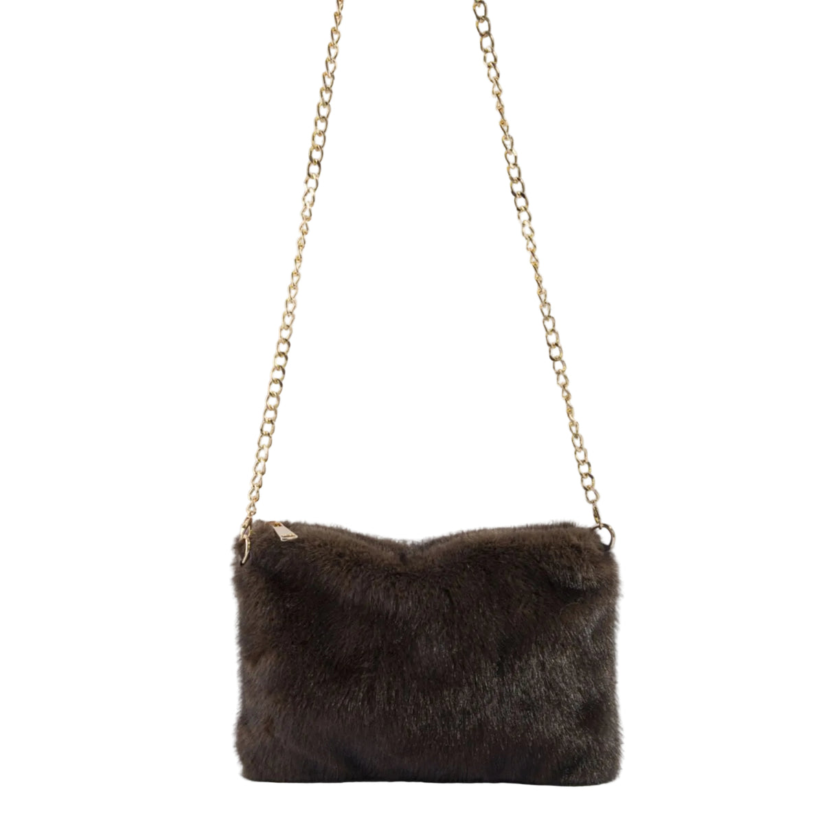 Brushed pile envelope crossbody bag with polished curb chain strap