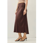 Women's suede-feel midi skirt with a high-rise elastic waistband, pull-on design, and flowing fit-and-flare silhouette