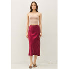 Women's suede-feel midi skirt with a high-rise elastic waistband, pull-on design, and flowing fit-and-flare silhouette