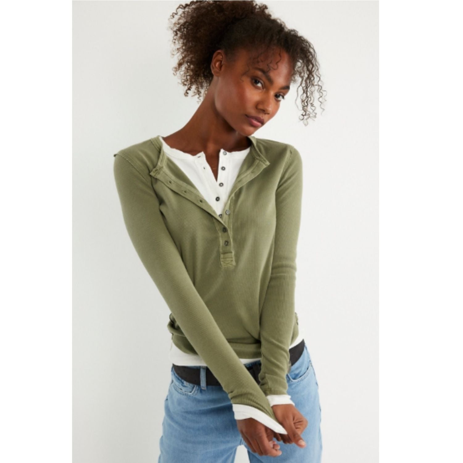 Free People Jamie Henley long-sleeve knit top featuring a slim fit, defined seams, and button-front detailing