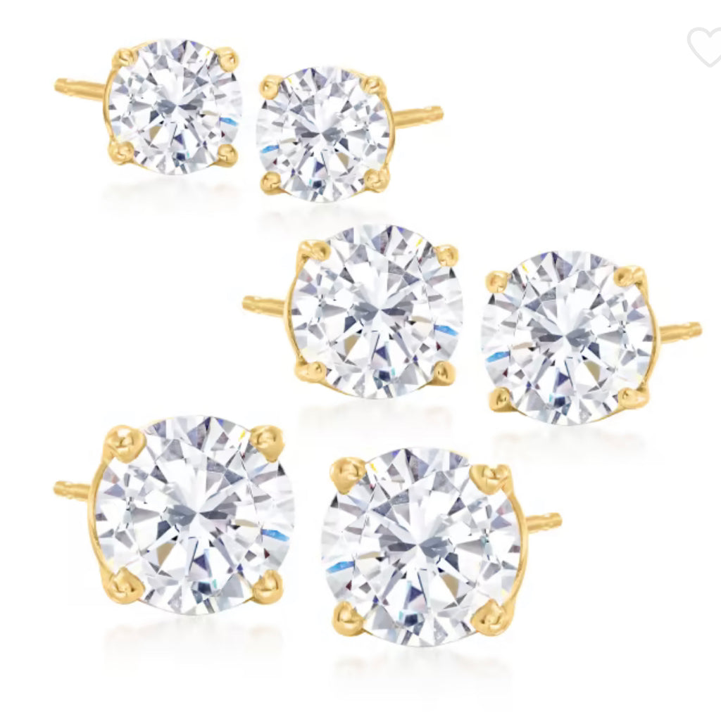 Three Gold Stud Earring Set. Diamond studs are timeless and elegant. Pick up three different sized pairs of stud earrings for the price of one! These studs are hypoallergenic and tarnish resistant!