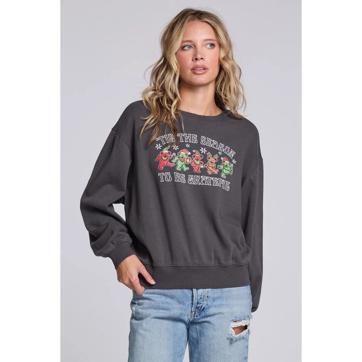 Grateful Dead Tis The Season Pullover in Fresh Gravel with colorful holiday dancing bears graphic and long sleeves