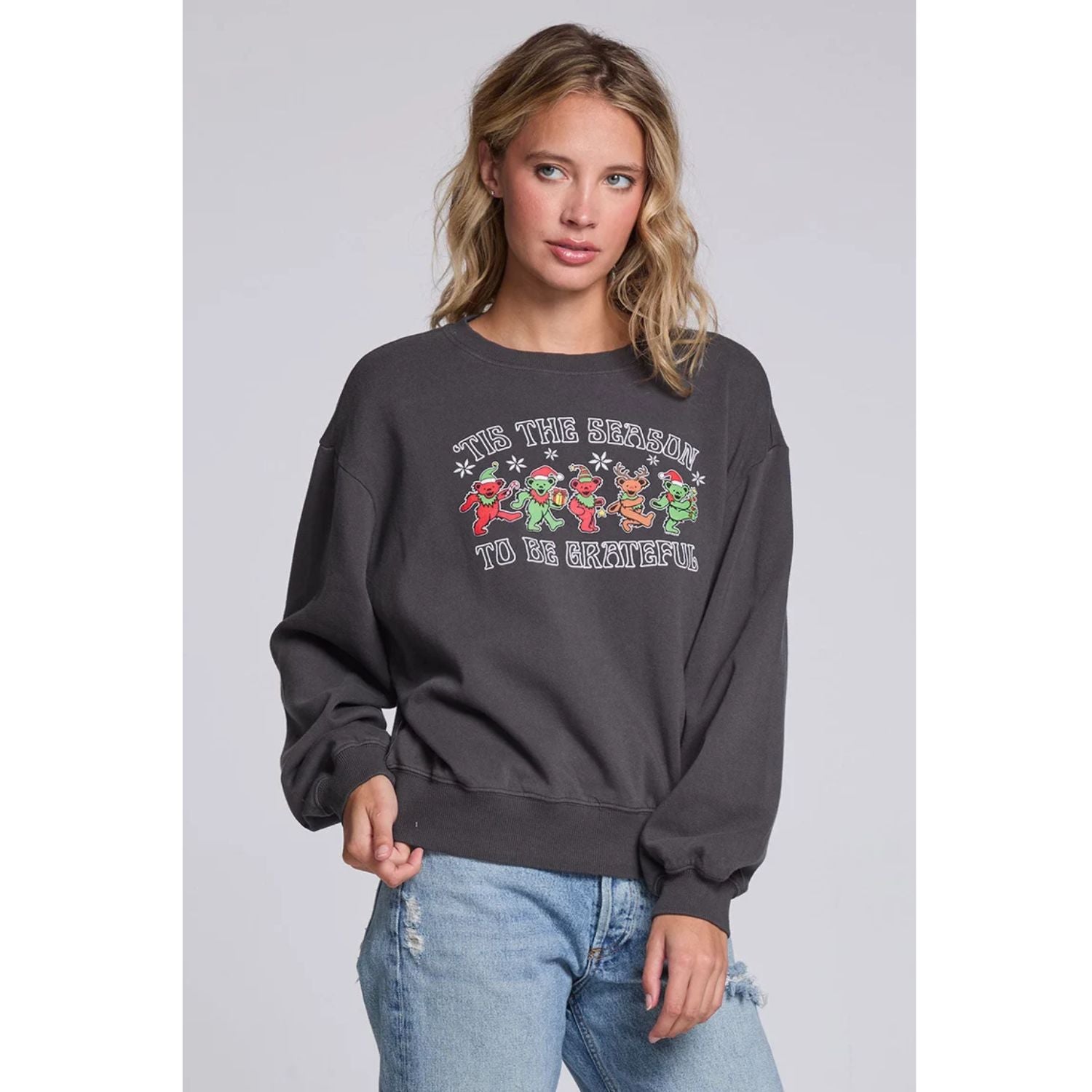 Grateful Dead Tis The Season Pullover in Fresh Gravel with colorful holiday dancing bears graphic and long sleeves