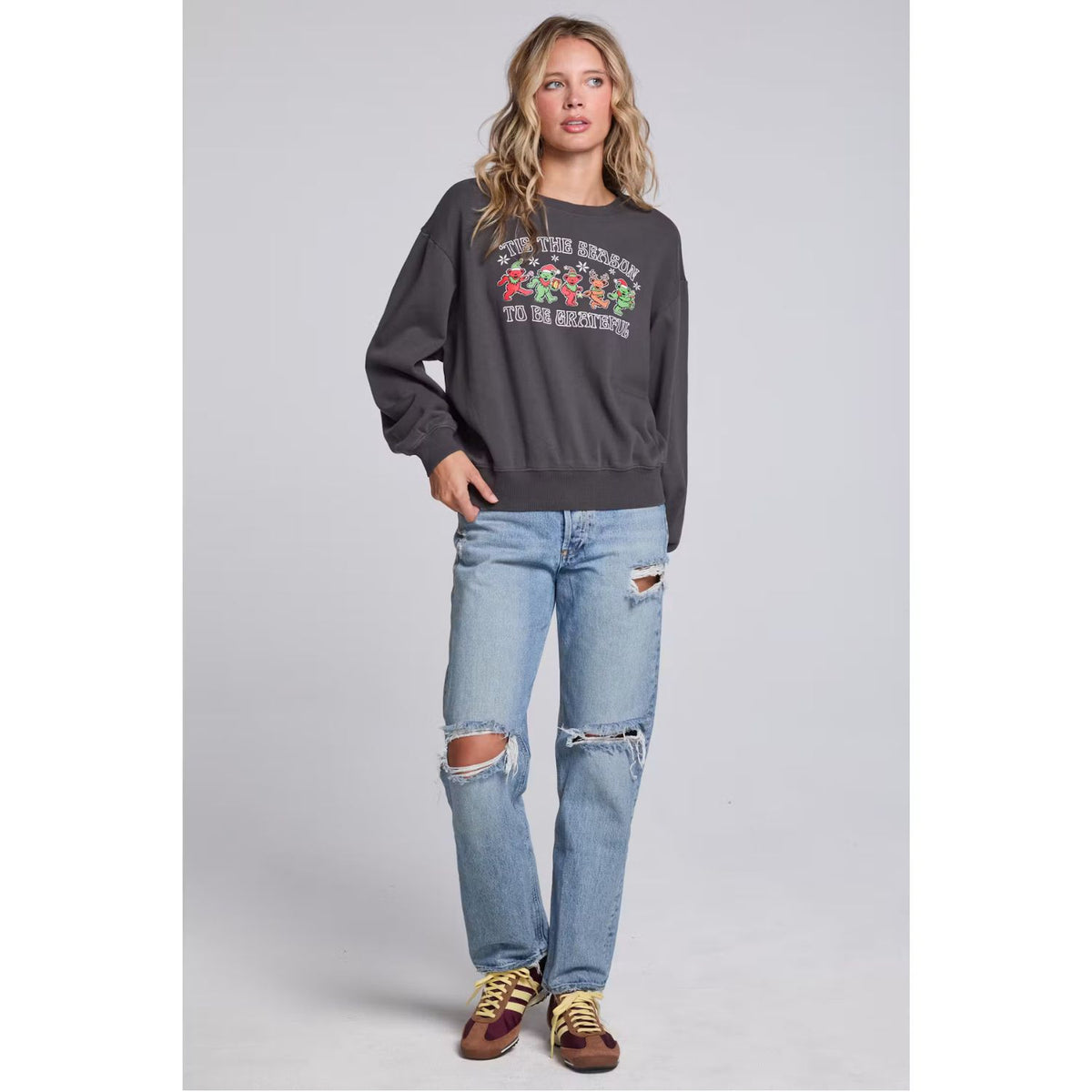 Grateful Dead Tis The Season Pullover in Fresh Gravel with colorful holiday dancing bears graphic and long sleeves