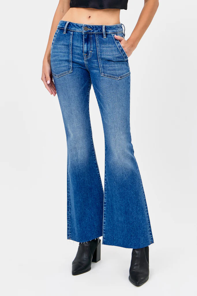 utility pocket flare low rise hidden denim jeans