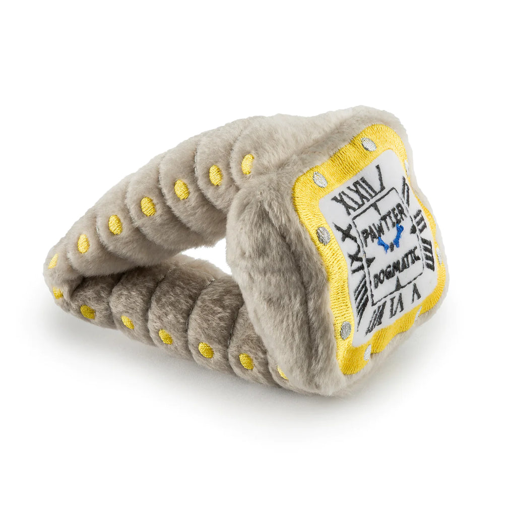 Pawtier Plush Dog Toy. For a timeless toy that’s as fashionable as it is fun, the Pawtier Plush Toy has what your pampered pooch needs! This “dogmatic” watch toy is sure to wind up your pooch, while the squeaker concealed in the plush exterior will make time stand still!
