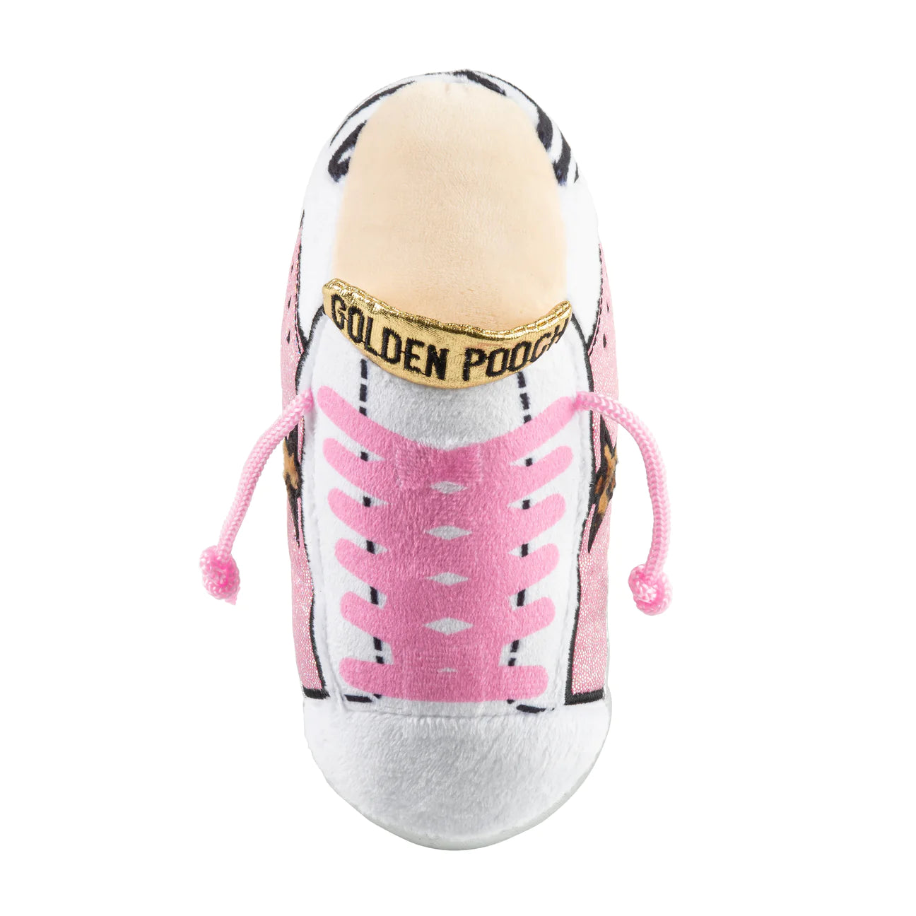 Golden Pooch Plush Dog Toy. This parody take on the iconic tennis shoe is not only jaw-dropping, it’s also drool-inducing! Just like the original, the plush white exterior is sure to become more authentic-looking with age. Unlike the original, this one features a delightful squeaker inside that will instantly make it a favorite with your furry fashionista!