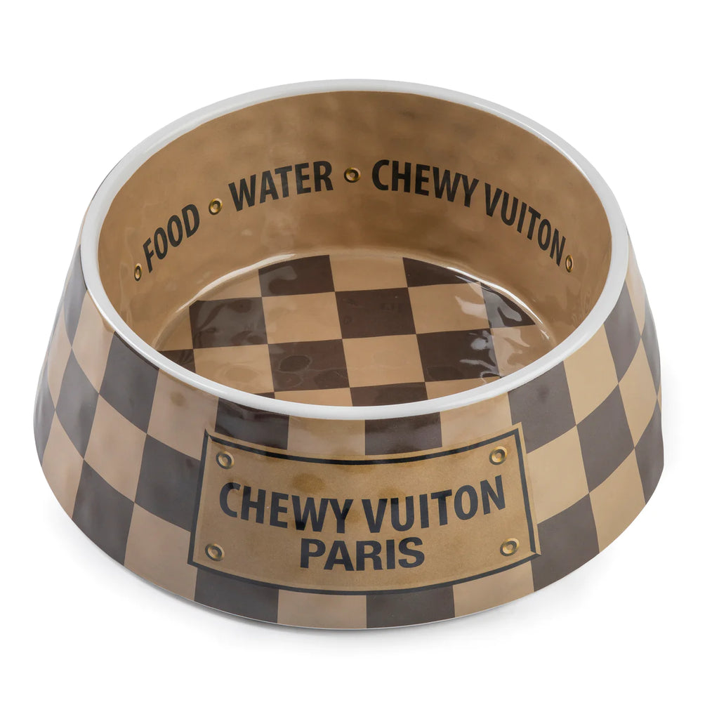 Checker Chewy Vuiton Dog Bowl. Serve your dog dinner in style! This adorable dog bowl can be used for food or water and features the iconic checker pattern from your fav designer.