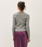 Be Cool Cable Knit Ribbed Classic Cut Button Up Cardigan in Heather Grey, back view