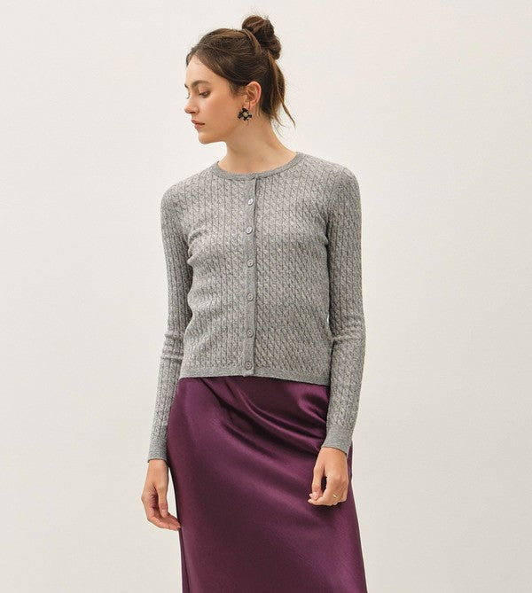 Be Cool Cable Knit Ribbed Classic Cut Button Up Cardigan in Heather Grey, front view