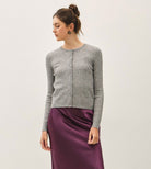 Be Cool Cable Knit Ribbed Classic Cut Button Up Cardigan in Heather Grey, front view