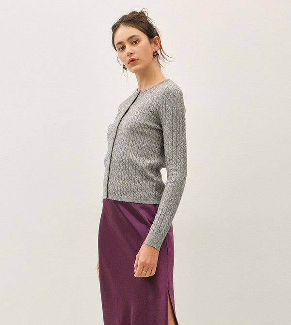 Be Cool Cable Knit Ribbed Classic Cut Button Up Cardigan in Heather Grey, side view