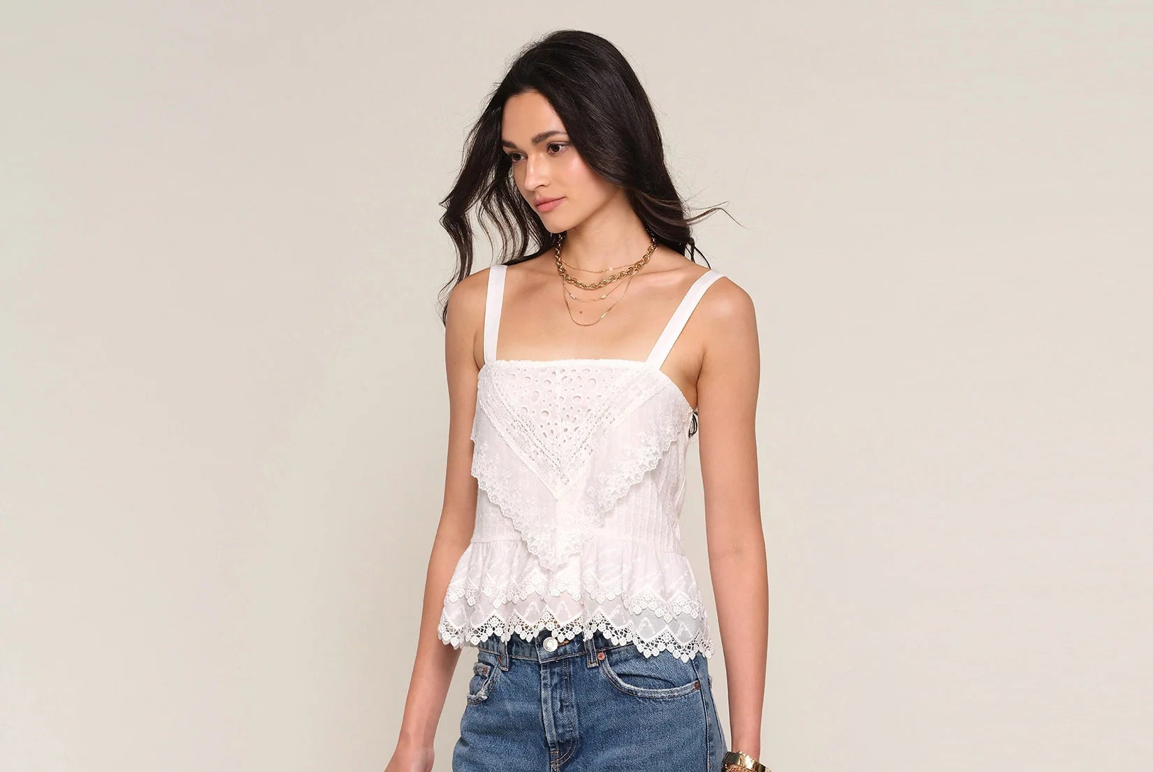 Lace embroidered camisole top with scalloped hem and thin straps