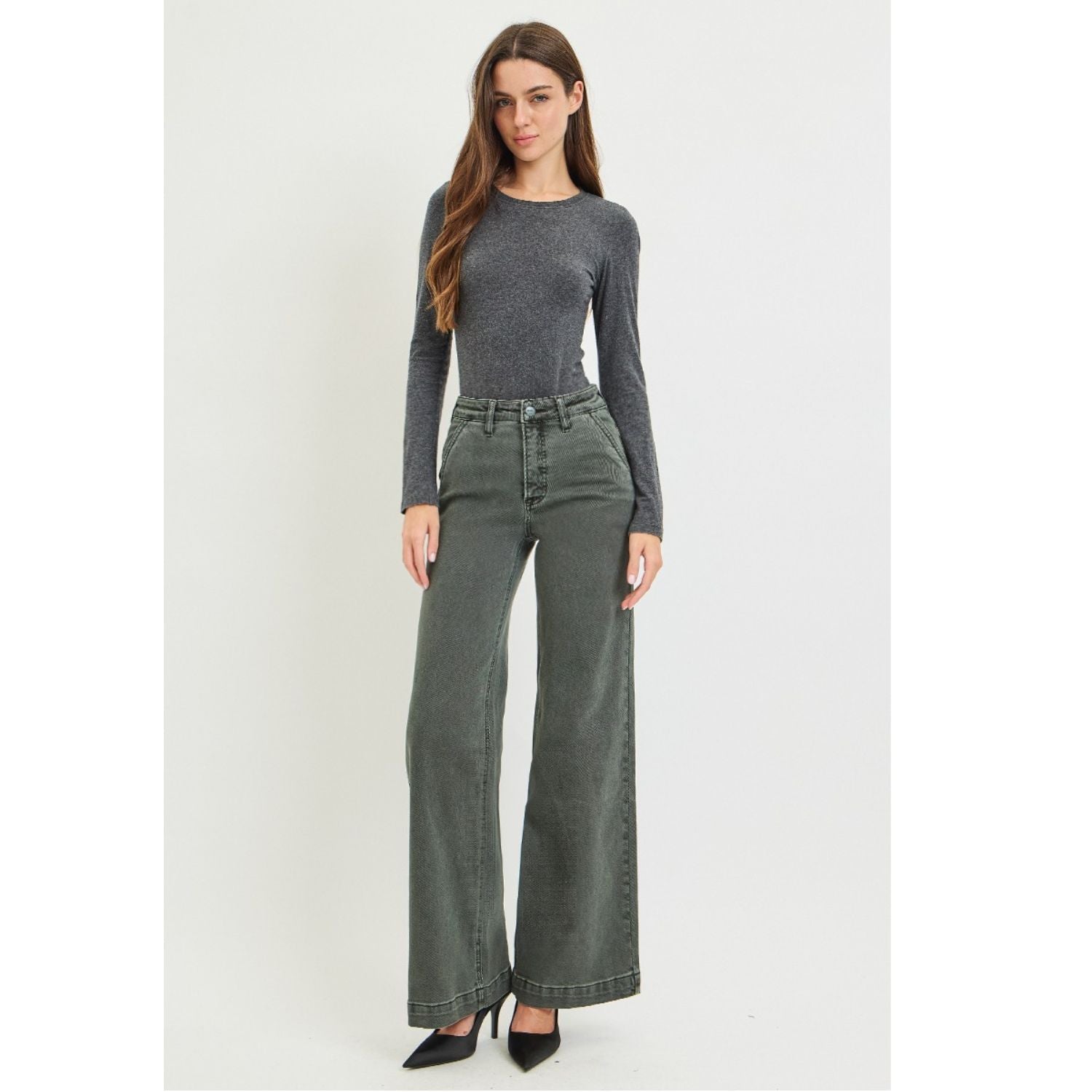High-Rise Wide-Leg Slant Pocket Pants featuring a flattering high-rise waist, relaxed full-length wide-leg silhouette, and functional slant pockets for a polished, modern look.