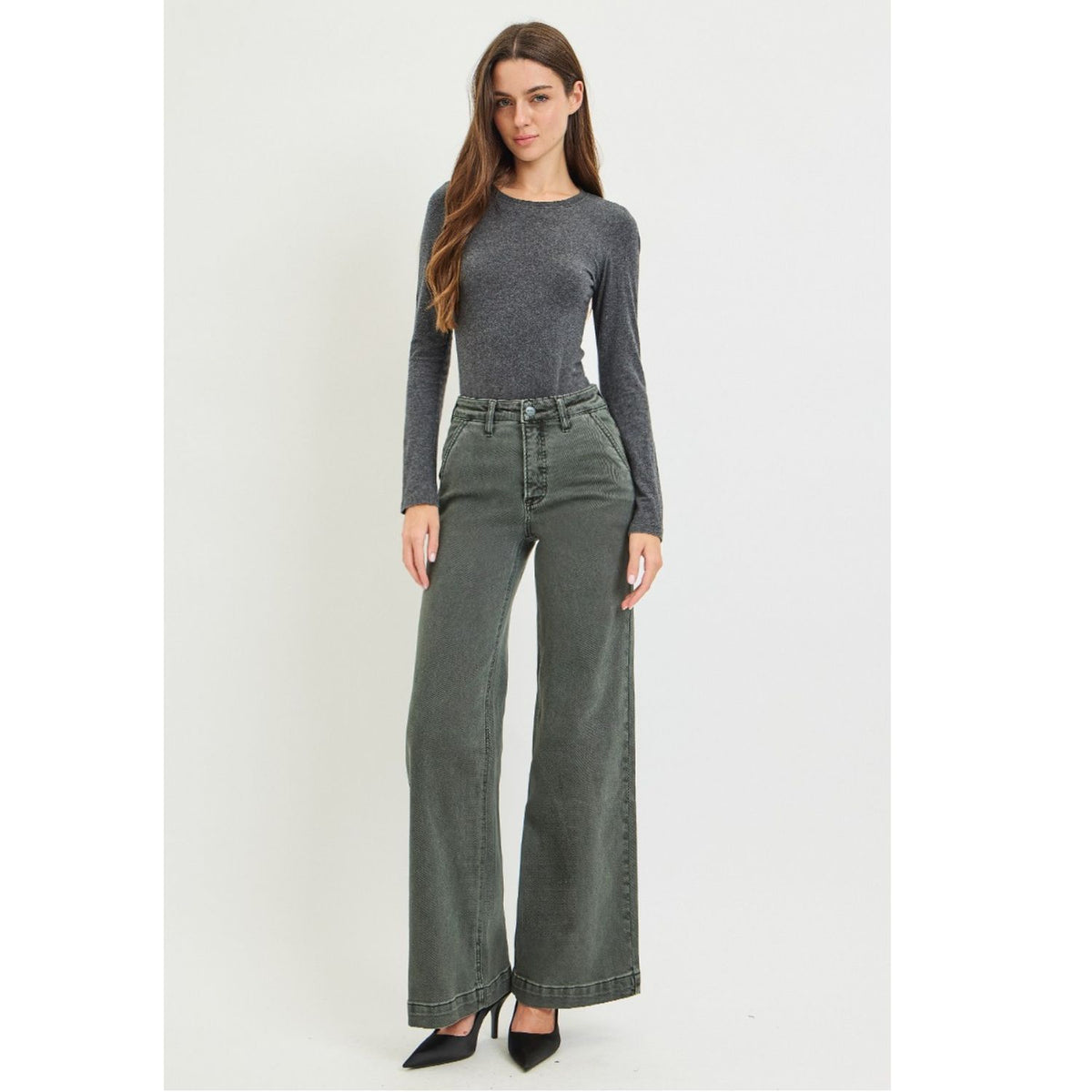 High-Rise Wide-Leg Slant Pocket Pants featuring a flattering high-rise waist, relaxed full-length wide-leg silhouette, and functional slant pockets for a polished, modern look.