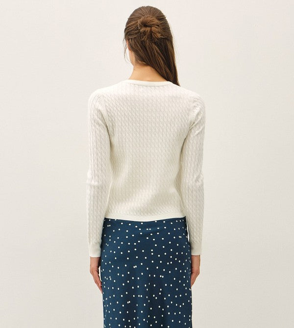 Be Cool Cable Knit Ribbed Classic Cut Button Up Cardigan in Ivory, back view