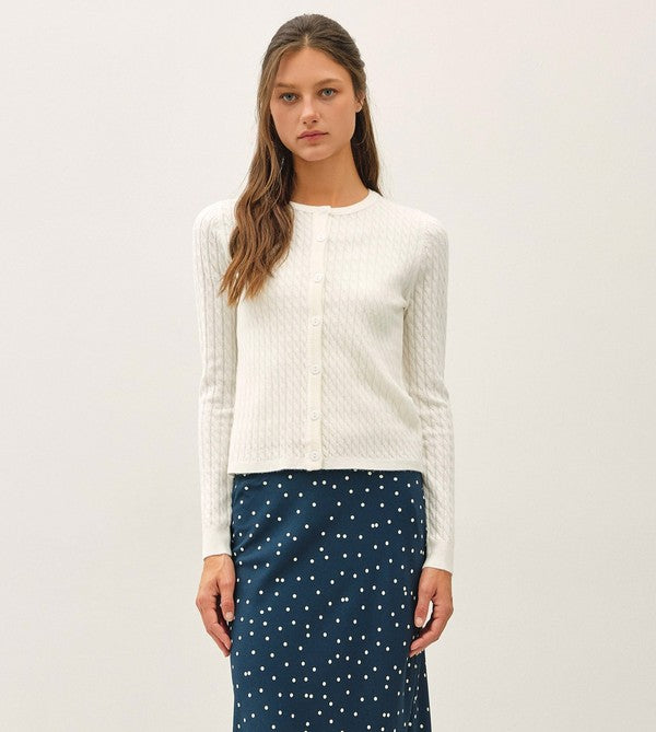 Be Cool Cable Knit Ribbed Classic Cut Button Up Cardigan in Ivory, front view