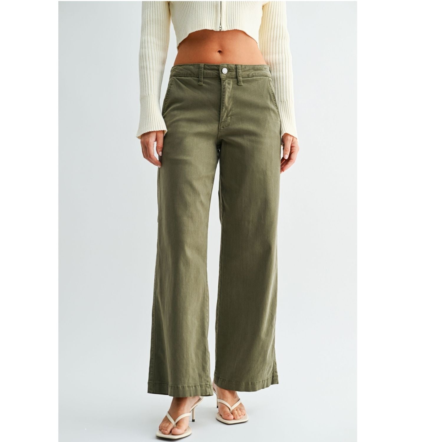 Olive stretch twill pants with a slim wide-leg silhouette, button-front closure, and full-length hem.
