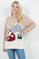 winter scene sweater, cozy holiday sweater, chalet print sweater, taupe knit sweater, snow day outfit, soft cozy sweater, Christmas sweater, festive pullover, winter knit top, holiday outfit idea