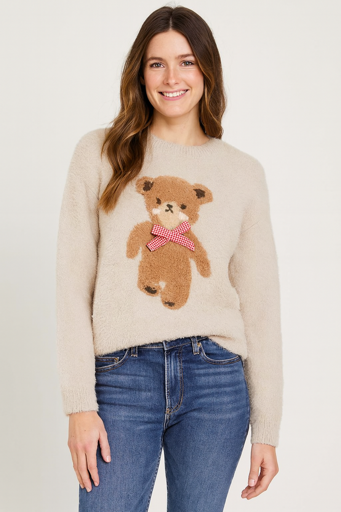 teddy bear sweater, cute cozy sweater, soft knit sweater, fuzzy beige sweater, teddy graphic pullover, fall sweater outfit, holiday sweater, cozy neutral sweater, plush women’s sweater, casual winter outfit
