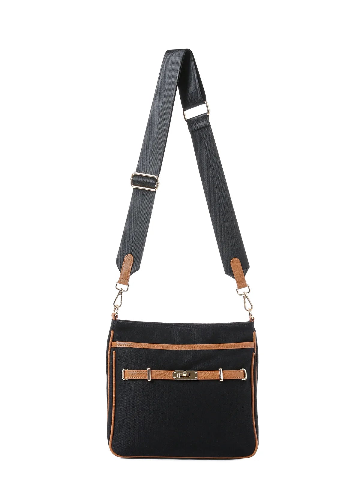 Structured crossbody bag with adjustable wide strap, contrast trim detailing, front pocket, and gold hardware accents.