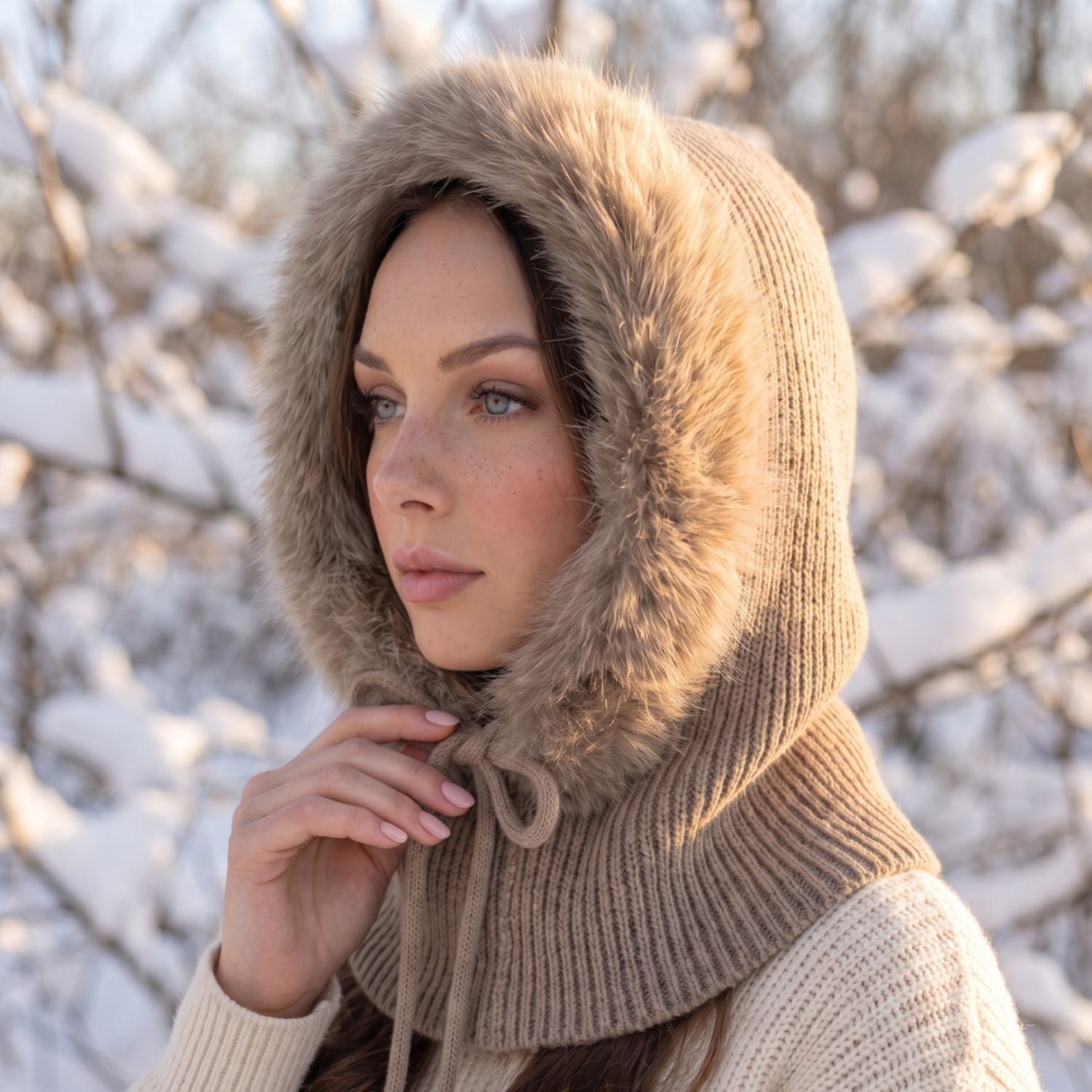 Knit balaclava with plush long-pile trim, ribbed shoulder cape, and tie neckline.