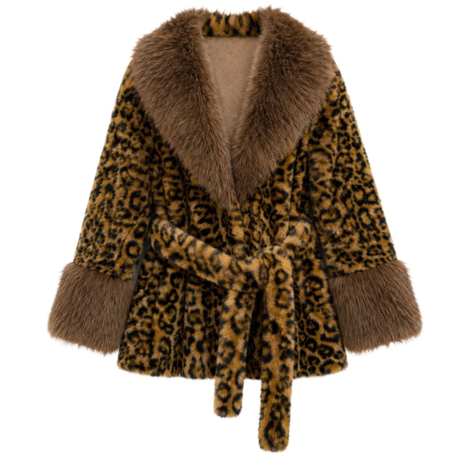 Leopard print faux fur wrap coat with brown shawl collar, fur cuffs, and self-tie belt.
