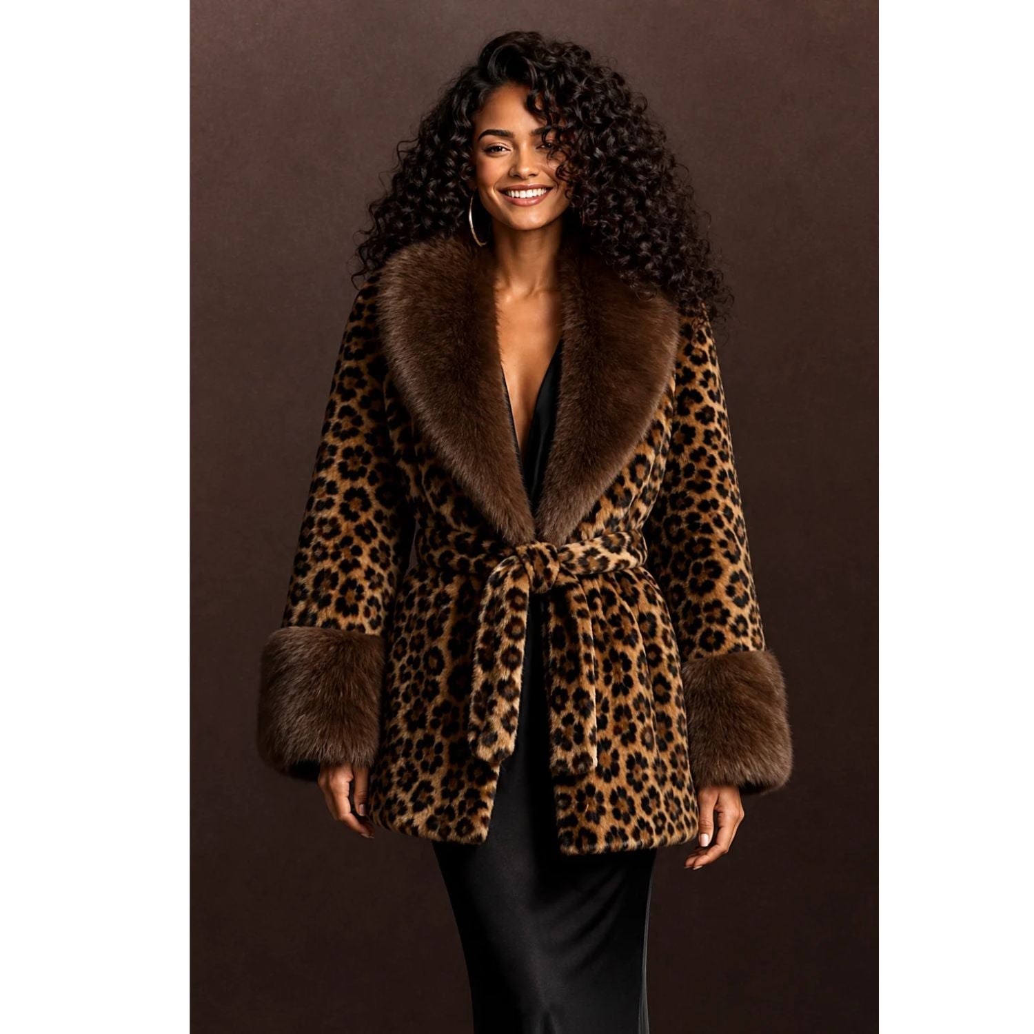 Leopard print faux fur wrap coat with brown shawl collar, fur cuffs, and self-tie belt.