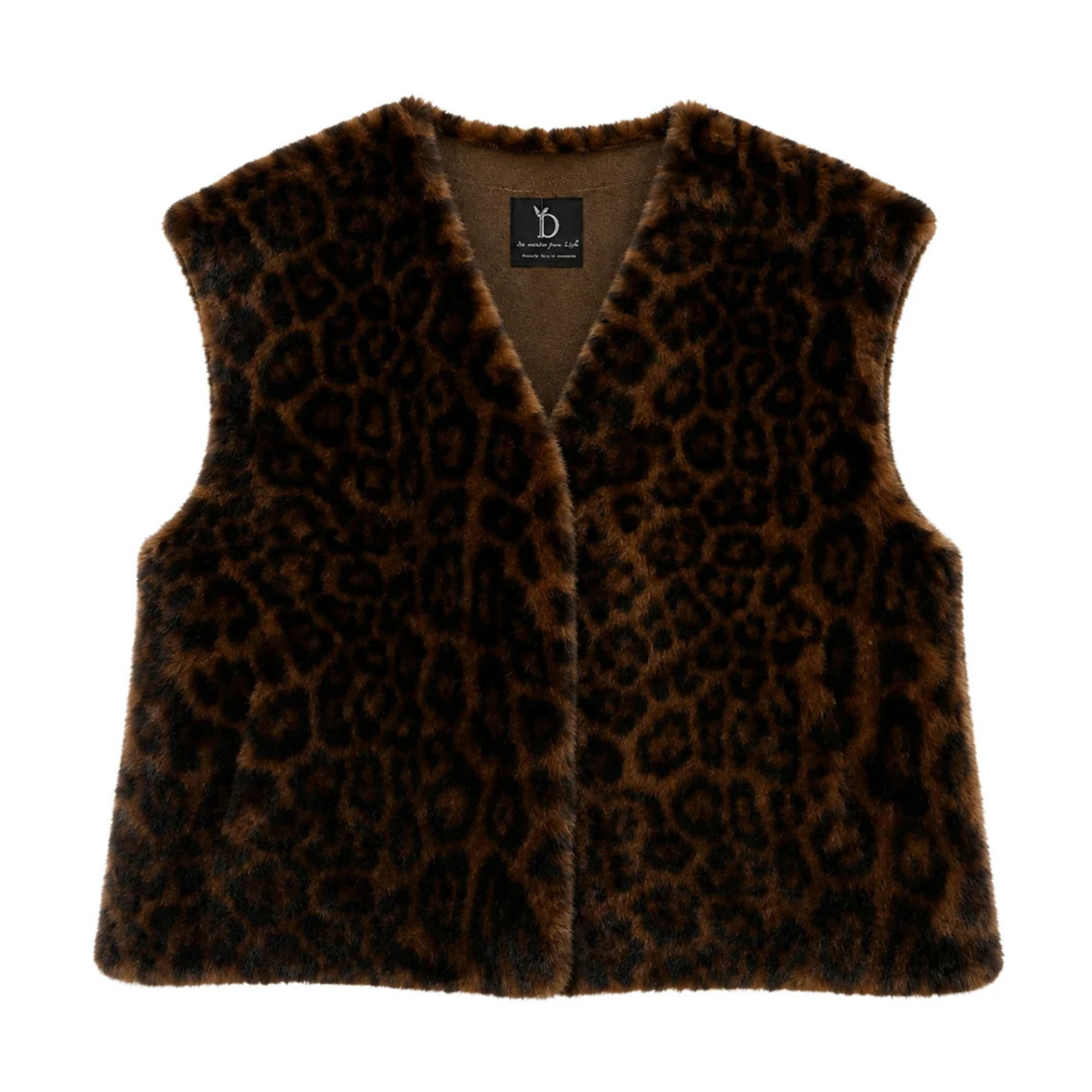 Plush leopard faux-fur vest with open front